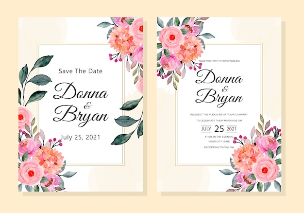 cartão de convite de casamento com fundo aquarela floral rosa