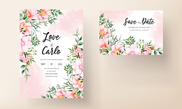 Cartão de convite de casamento com linda flor rosa aquarela