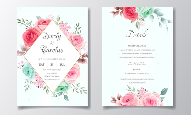 Vetor cartão de convite de casamento com lindas rosas e folhas