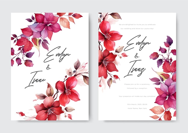 Vetor cartão de convite de casamento com modelo de plano de fundo floral e folhas