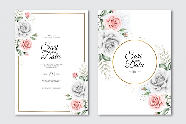 Cartão de convite de casamento com moldura dourada e bela aquarela floral