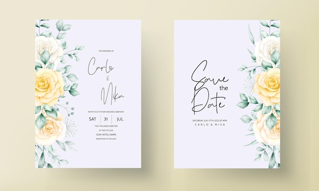 Cartão de convite de casamento com moldura floral em aquarela linda com natureza suave