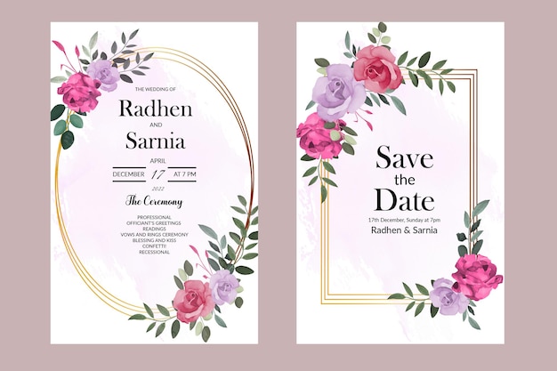 Cartão de convite de casamento com rosa vermelha e roxa linda aquarela floral florescendo vetor grátis