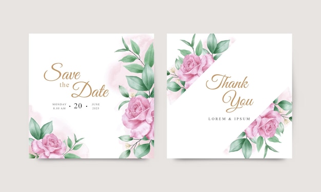 Cartão de convite de casamento com rosas e folhas verdes