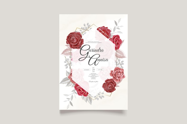 Cartão de convite de casamento com vetor premium de folhas florais vermelhas