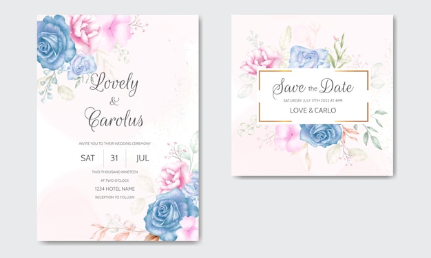 Vetor cartão de convite de casamento conjunto modelo com bela aquarela floral e folhas