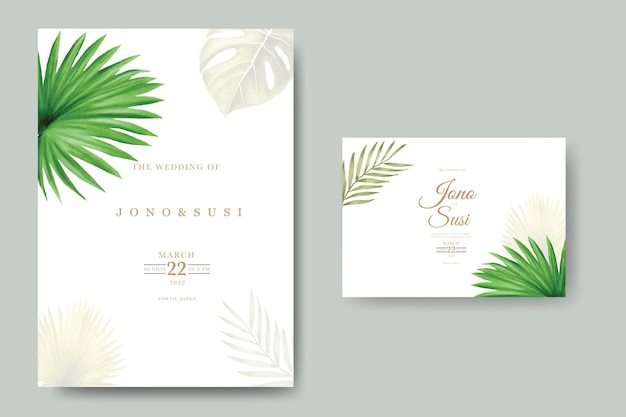 Cartão de convite de casamento de folhas tropicais