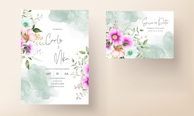 Cartão de convite de casamento de lindo quadro floral com flores em aquarela e folhas