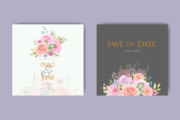 Cartão de convite de casamento de luxo com lindo floral e aquarela de folhas