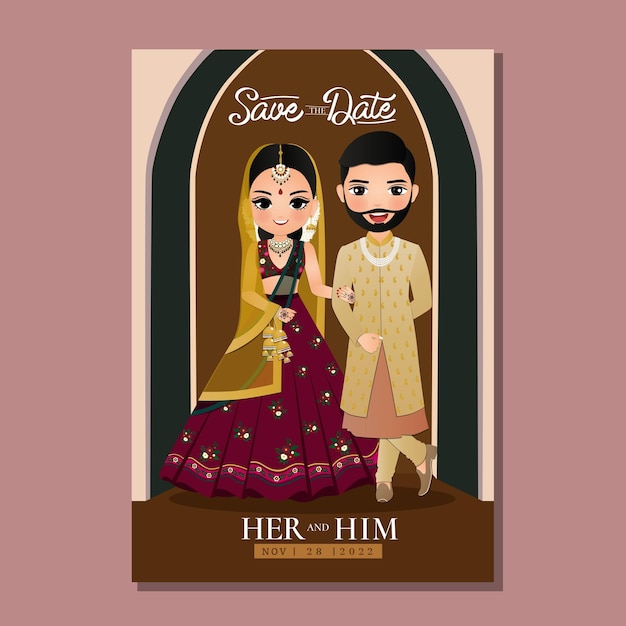 Vetor cartão de convite de casamento dos noivos no vestido tradicional indiano.