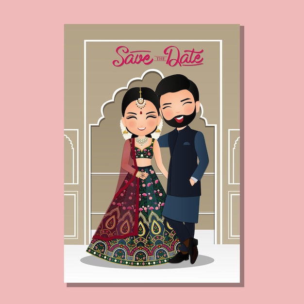 Cartão de convite de casamento dos noivos no vestido tradicional indiano.