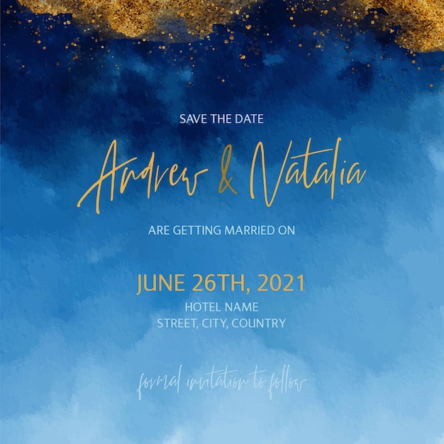 Vetor cartão de convite de casamento dourado e azul em aquarela