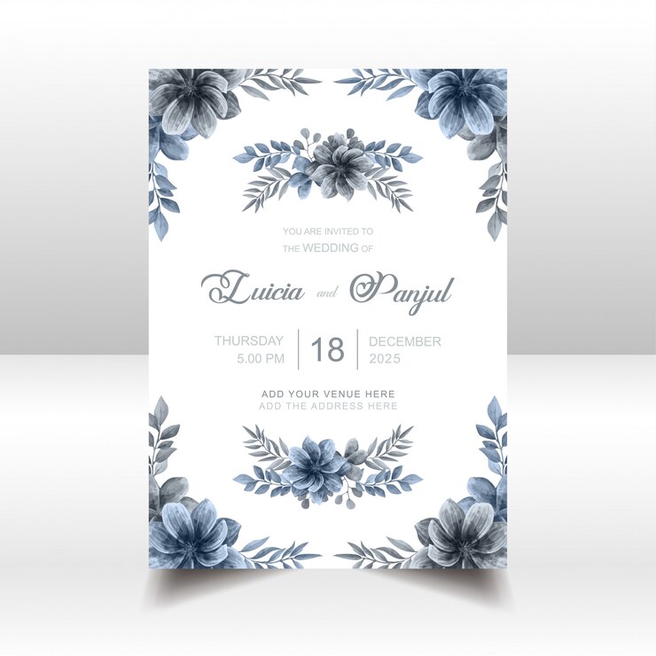 Cartão de convite de casamento elegante azul com aquarela Floral Frame