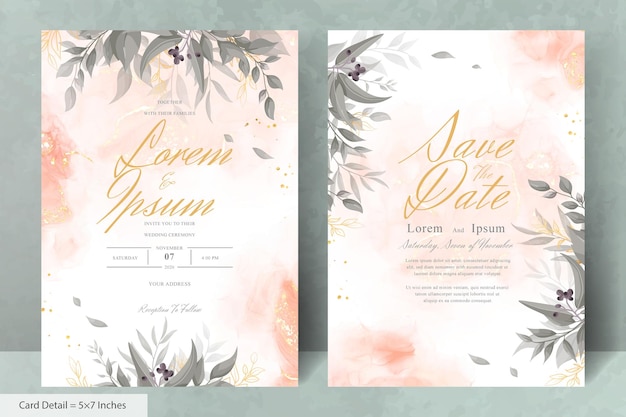 Cartão de convite de casamento elegante com folhas de aquarela e hortaliças