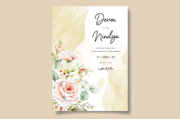 Cartão de convite de casamento elegante com lindas rosas em aquarela