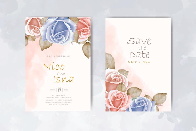 Cartão de convite de casamento elegante com lindas rosas em aquarela