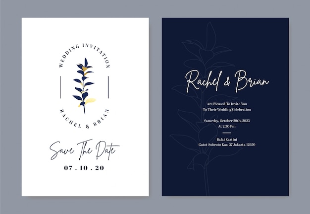 Cartão de convite de casamento elegante com logotipo da flor e cor azul royal