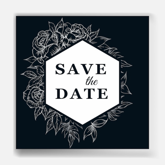 Cartão de convite de casamento elegante com modelo de flor de contorno