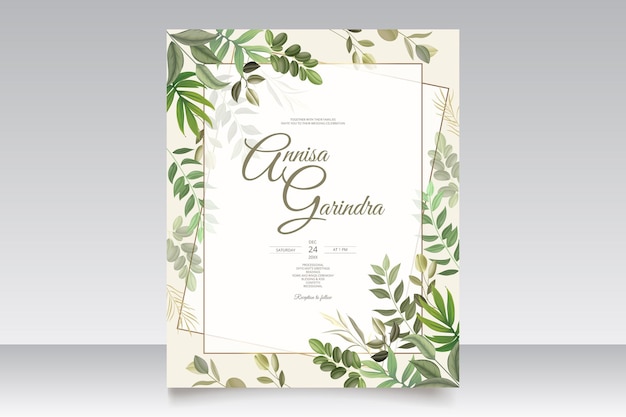 Vetor cartão de convite de casamento elegante com modelo de lindas folhas vetor premium