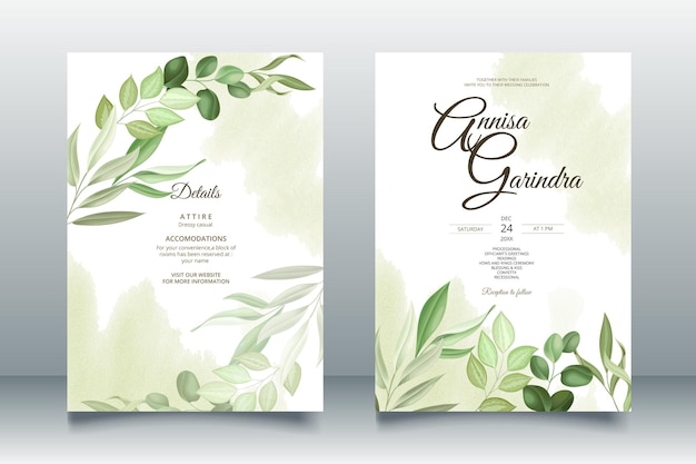 Cartão de convite de casamento elegante com modelo de lindas folhas vetor premium