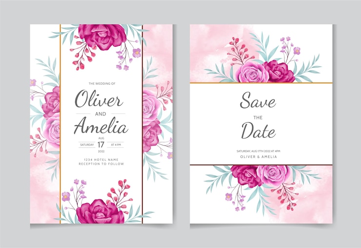 Vetor cartão de convite de casamento elegante com um lindo desenho floral e de folhas de flores.