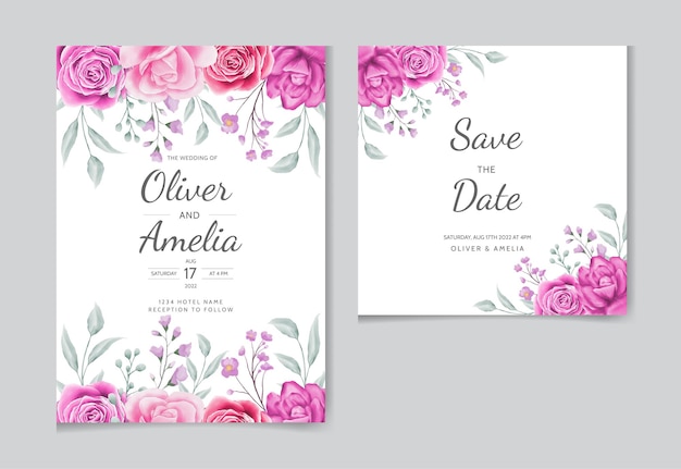 Vetor cartão de convite de casamento elegante com um lindo desenho floral e de folhas de flores.