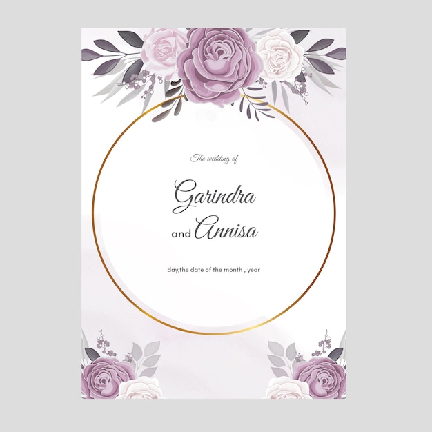 Cartão de convite de casamento em aquarela com lindas flores e folhas