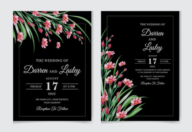 Cartão de convite de casamento em aquarela elegante com flores coloridas