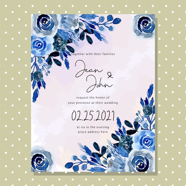 Vetor cartão de convite de casamento flor aquarela azul