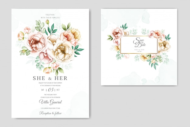 Vetor cartão de convite de casamento floral aquarela colorida