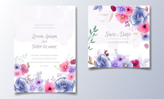 Cartão de convite de casamento floral colorido mão desenhada