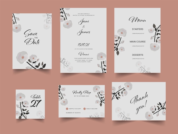 Cartão de convite de casamento floral definido na cor branca.