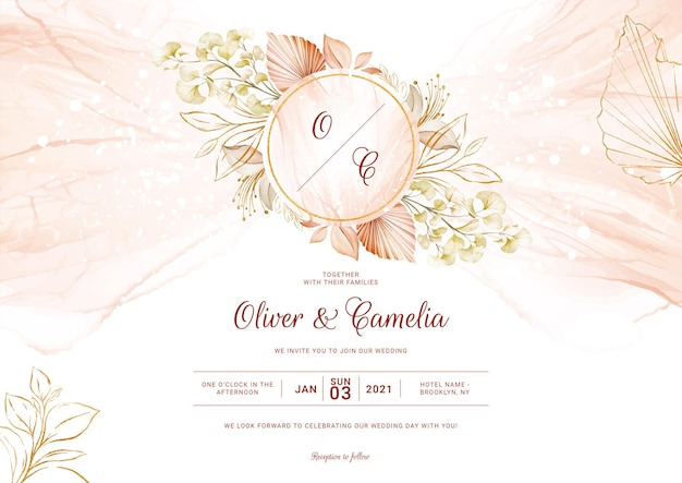 Cartão de convite de casamento floral landscpae com decoração floral pastel. conceito de design de folhagem