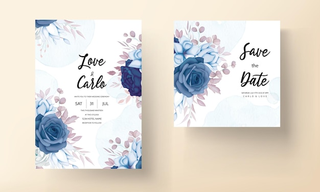 Cartão de convite de casamento floral marrom azul e doce elegante