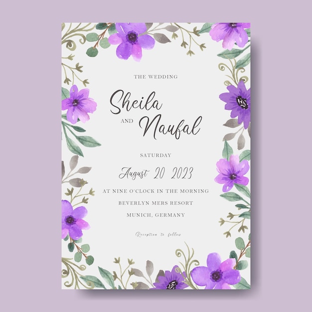 Cartão de convite de casamento floral roxo simples