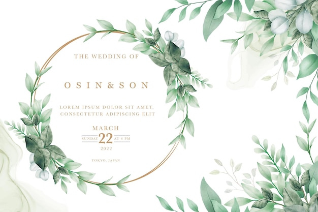 Vetor cartão de convite de casamento folhas verdes aquarela