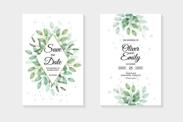 Vetor cartão de convite de casamento fundo com folhas botânicas ilustração botânica aquarela