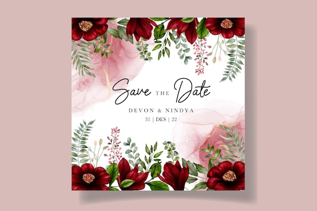 Cartão de convite de casamento linda flor vermelha em aquarela