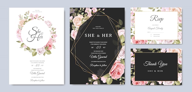 Cartão de convite de casamento lindo com floral e deixa o modelo