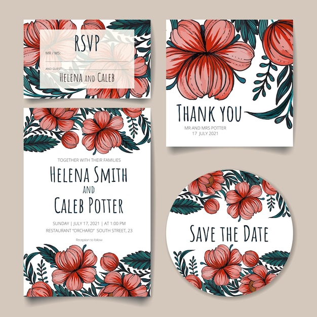 Cartão de convite de casamento salvar o cartão de data rsvp cartão de agradecimento com flores folhas e galhos