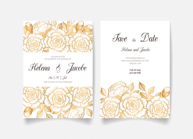 Cartão de convite de casamento, salve a data com flores, folhas e galhos dourados.