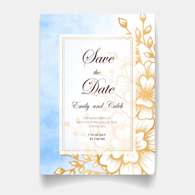 Cartão de convite de casamento, salve a data com fundo aquarela, flores douradas, folhas e galhos.