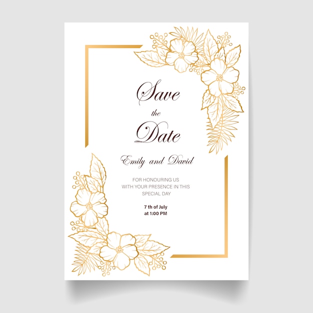 Cartão de convite de casamento, salve a data com moldura dourada, flores, folhas e galhos.