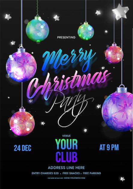 Cartão de convite de festa de feliz natal decorado com enfeites, estrelas e detalhes do evento no preto de suspensão.