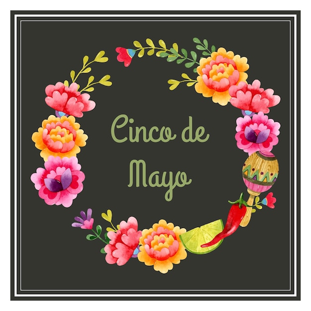 Vetor cartão de convite de grinalda floral aquarela cinco de mayo