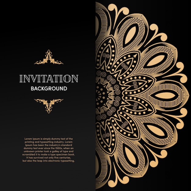 Cartão de convite de luxo mandala de ouro com fundo preto
