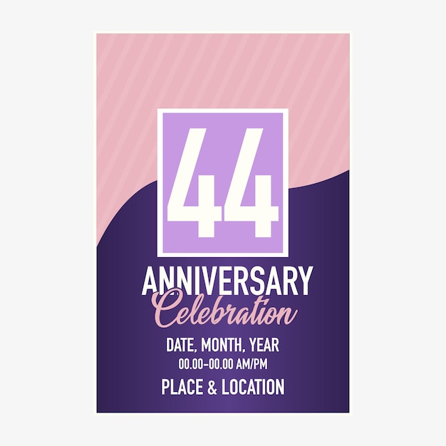 Cartão de convite de vetor de aniversário de 44 anos. modelo de convite para design de impressão.