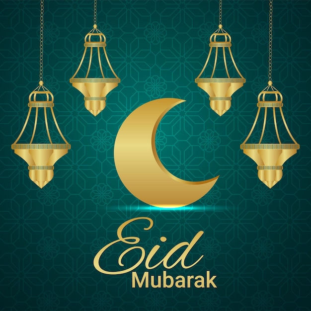 Cartão de convite eid mubarak com ilustração vetorial com lanterna dourada no fundo padrão