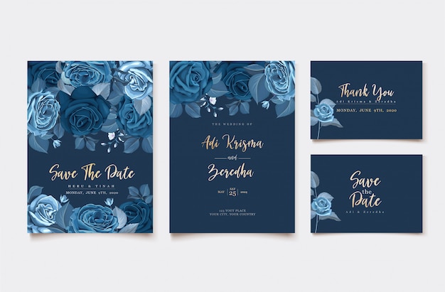 cartão de convite elegante com modelo floral azul clássico