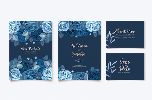 cartão de convite elegante com modelo floral azul clássico